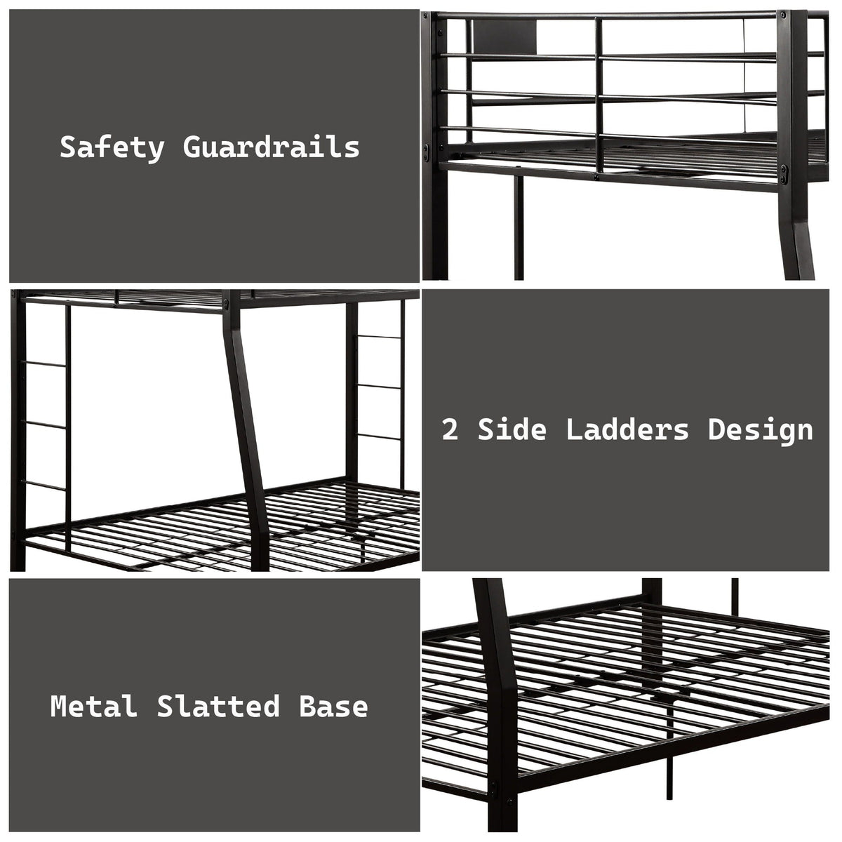 Limbra Spacious Design Double Bunk Bed with Metal Frame - Black or Dark Brown