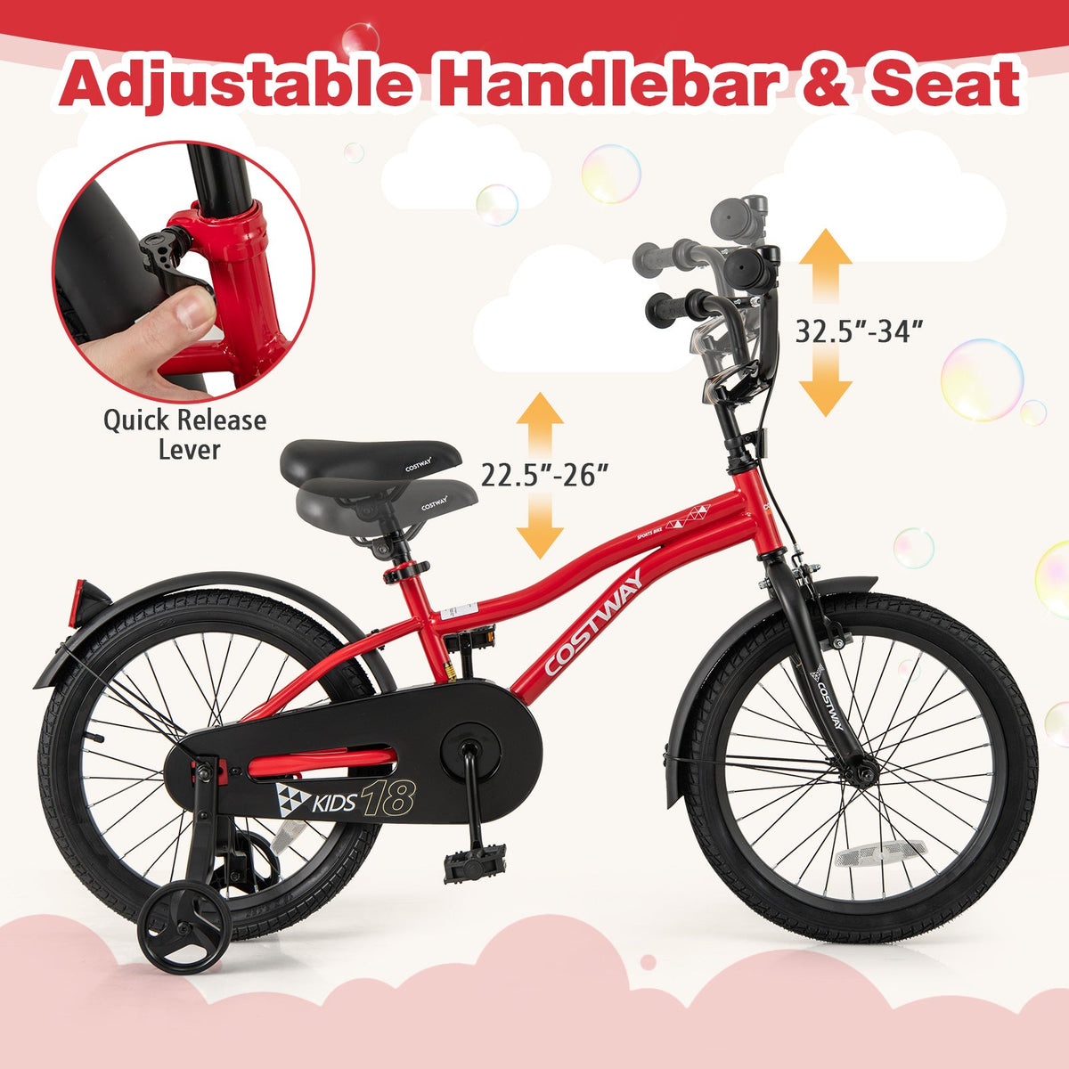 18 Inch Kids Bike Adjustable Bicycle with Reflectors and Bell for 4-8 Years Old