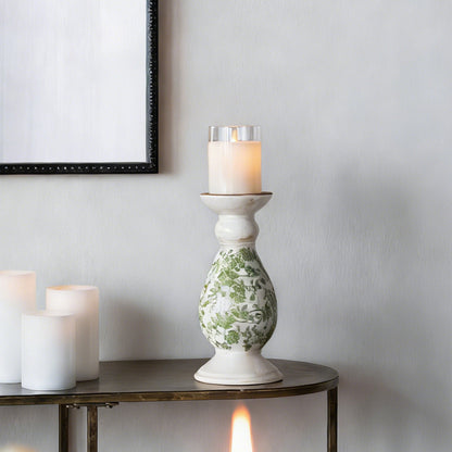White Ceramic Candle Holder with Green Floral Patterns - 10" Height
