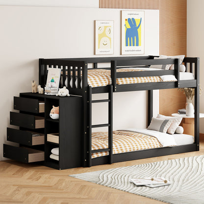 Bunk Bed With 4 Drawers and 3 Shelves - Solid Pine Wood