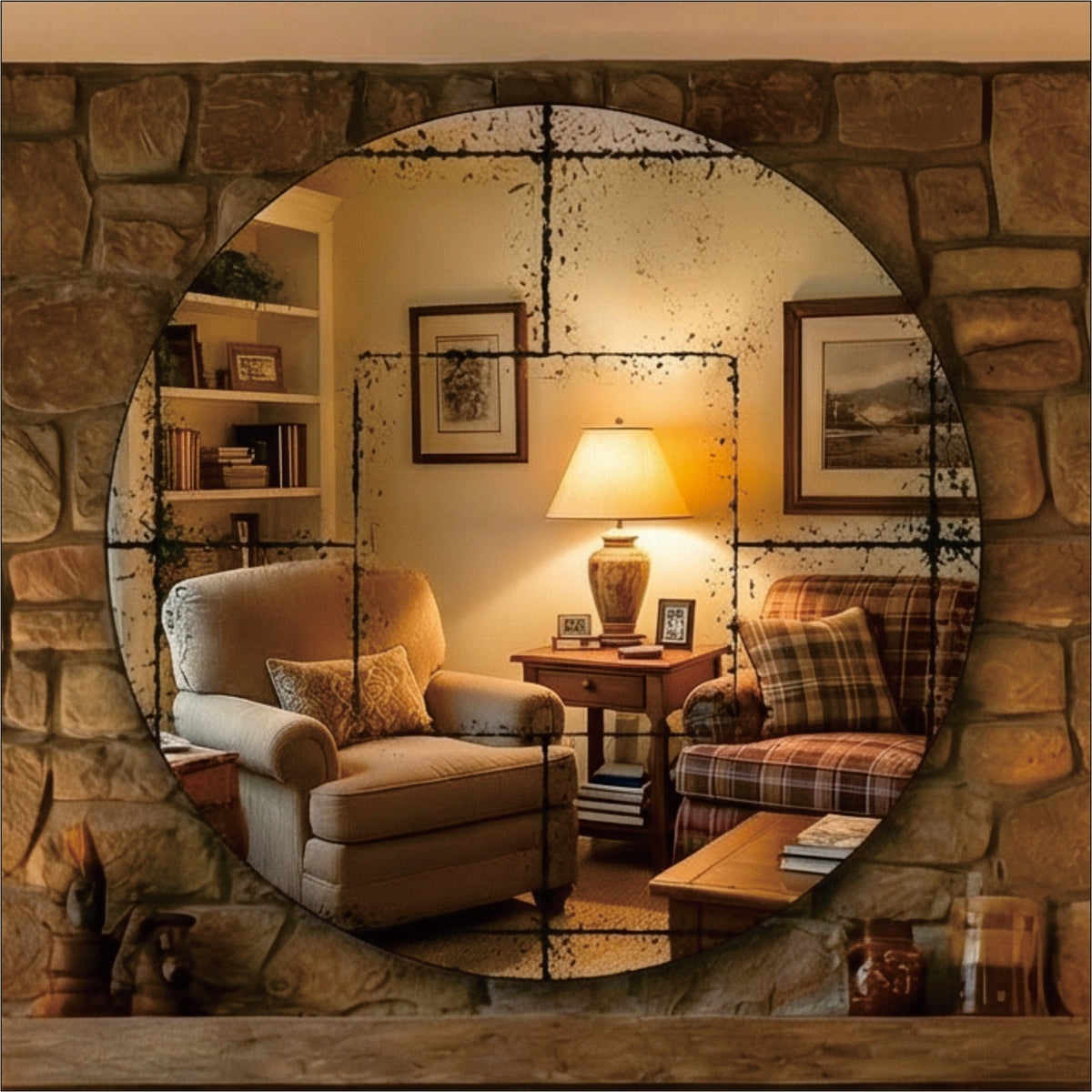 Round Wall-Mounted Mirror with Vintage Industrial Frame - Black Iron