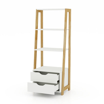 4-Tier Ladder Bookshelf Storage Display with 2 Drawers-White
