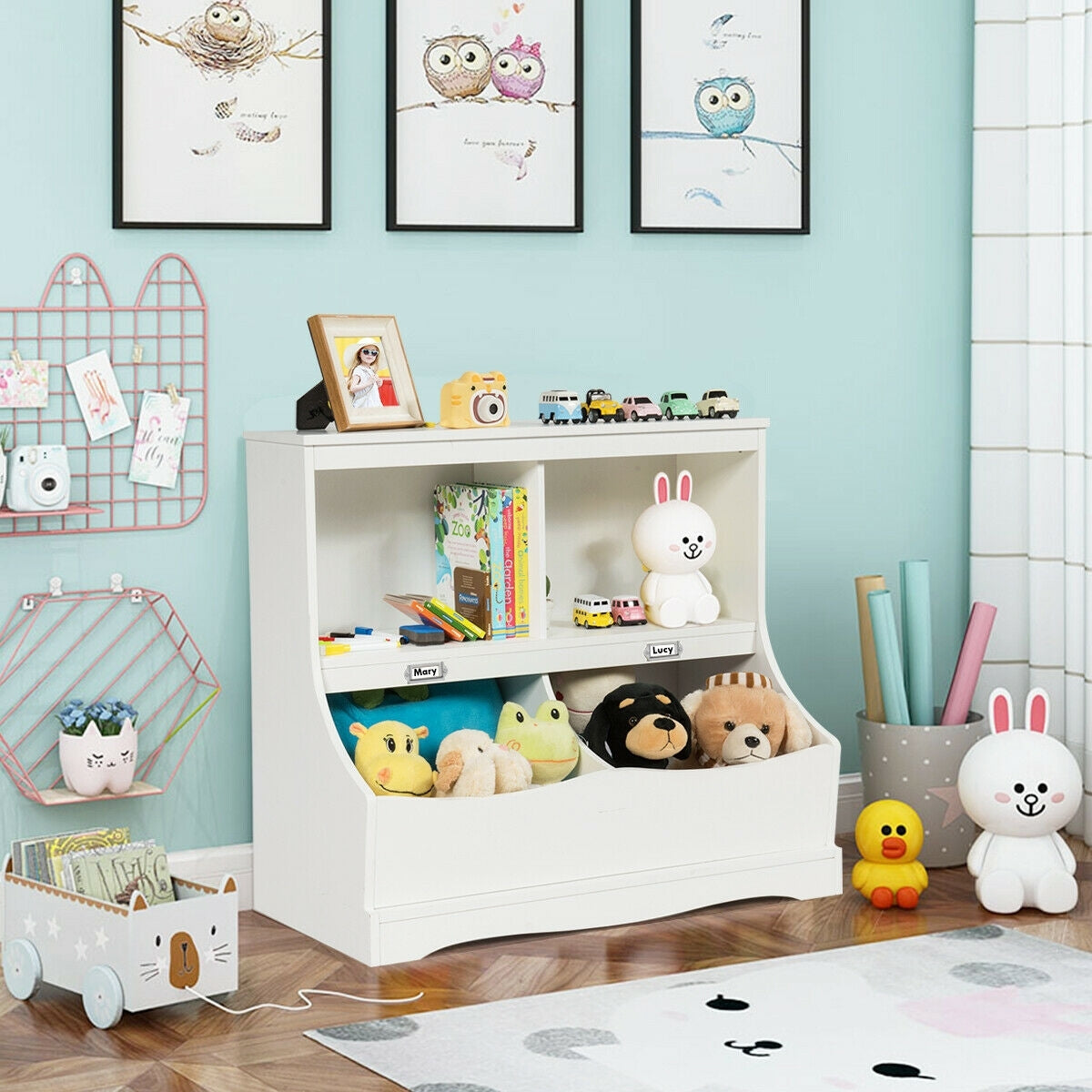 Kids Floor Cabinet Multi-Functional Bookcase -White
