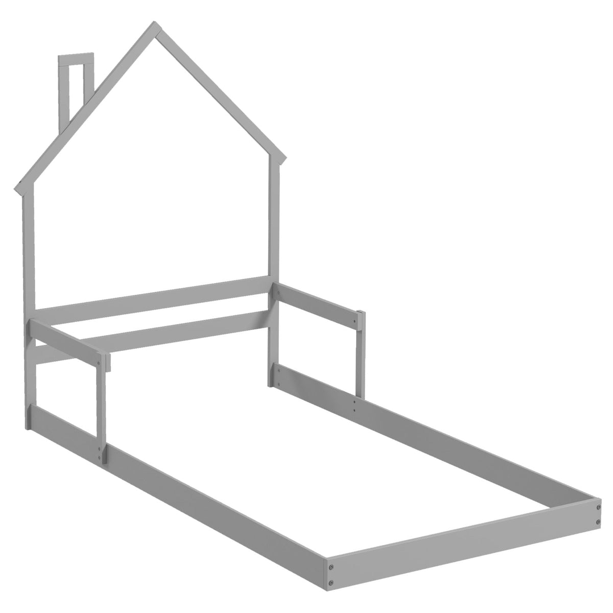 Twin Size Floor Bed with Chimney and Headboard and Handrail-Gray