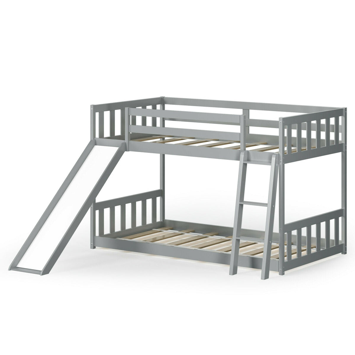 Twin over Twin Bunk Wooden Low Bed with Slide Ladder for Kids