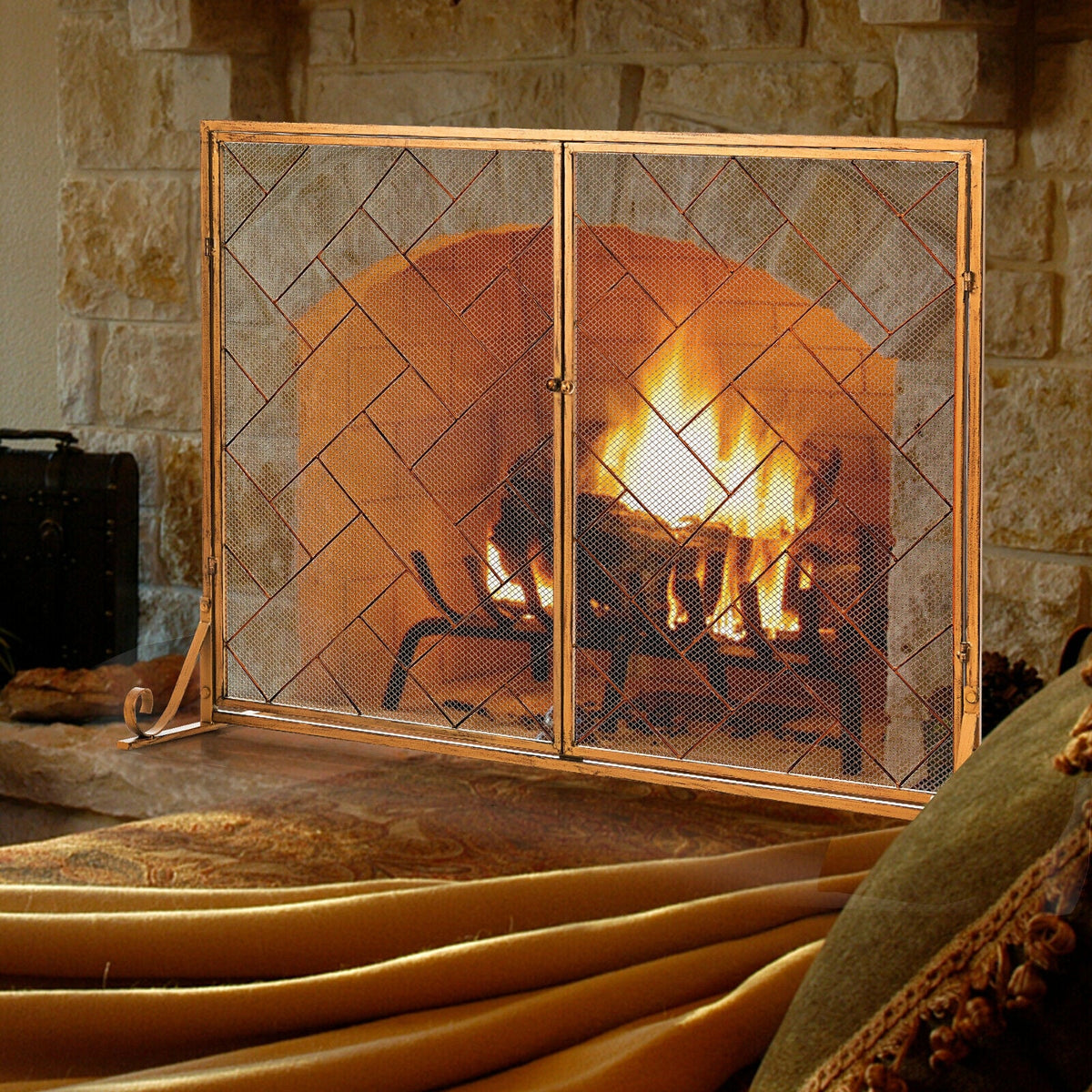 2-Panel Fireplace Screen Folding Metal Fire Place Safety Fence with Magnetic Doors