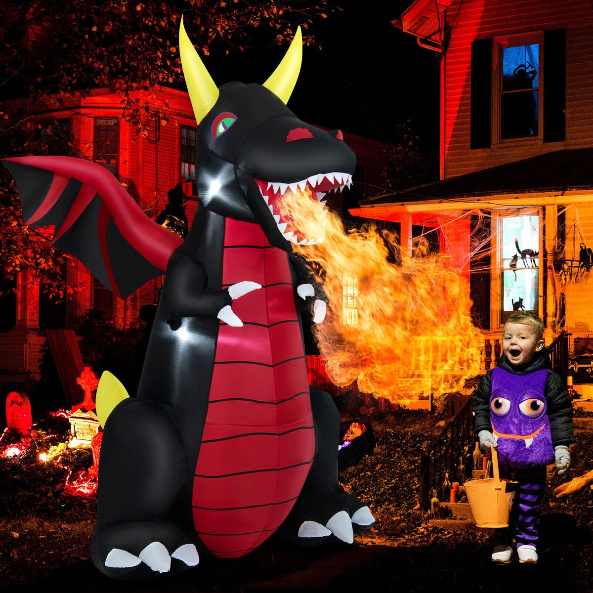 8 Feet Halloween Inflatable Fire Dragon Decoration with LED Lights