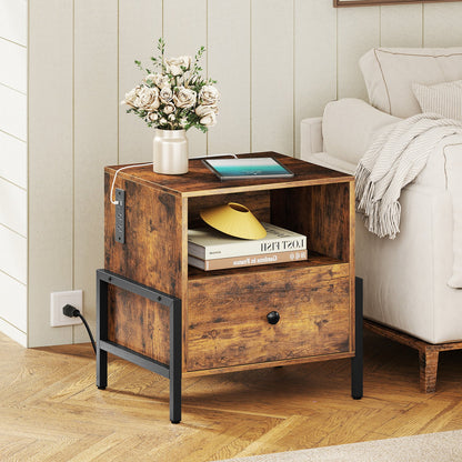 Nightstand with Charging Station and Drawer Sofa Side Table-Rustic Brown