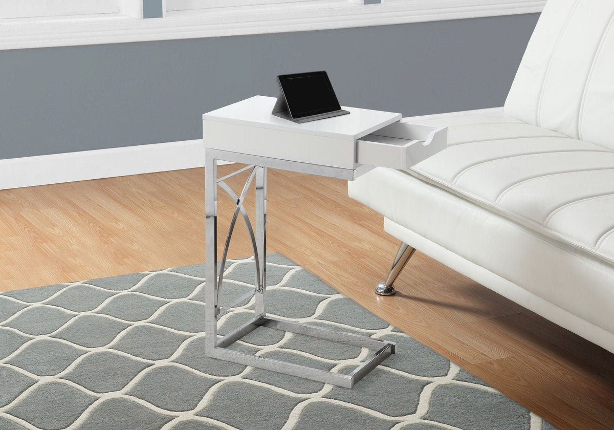 C-Shaped Glossy Accent Table with Dual-Access Drawer - White