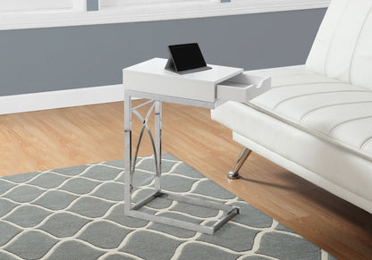 C-Shaped Glossy Accent Table with Dual-Access Drawer - White