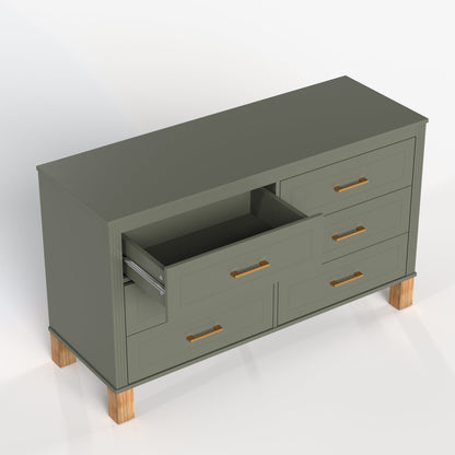 6-Drawer Double Dresser with Solid Wood Legs - Olive