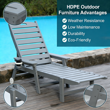 HDPE Outdoor Chaise Lounge Chair with Adjustable Backrest - Grey