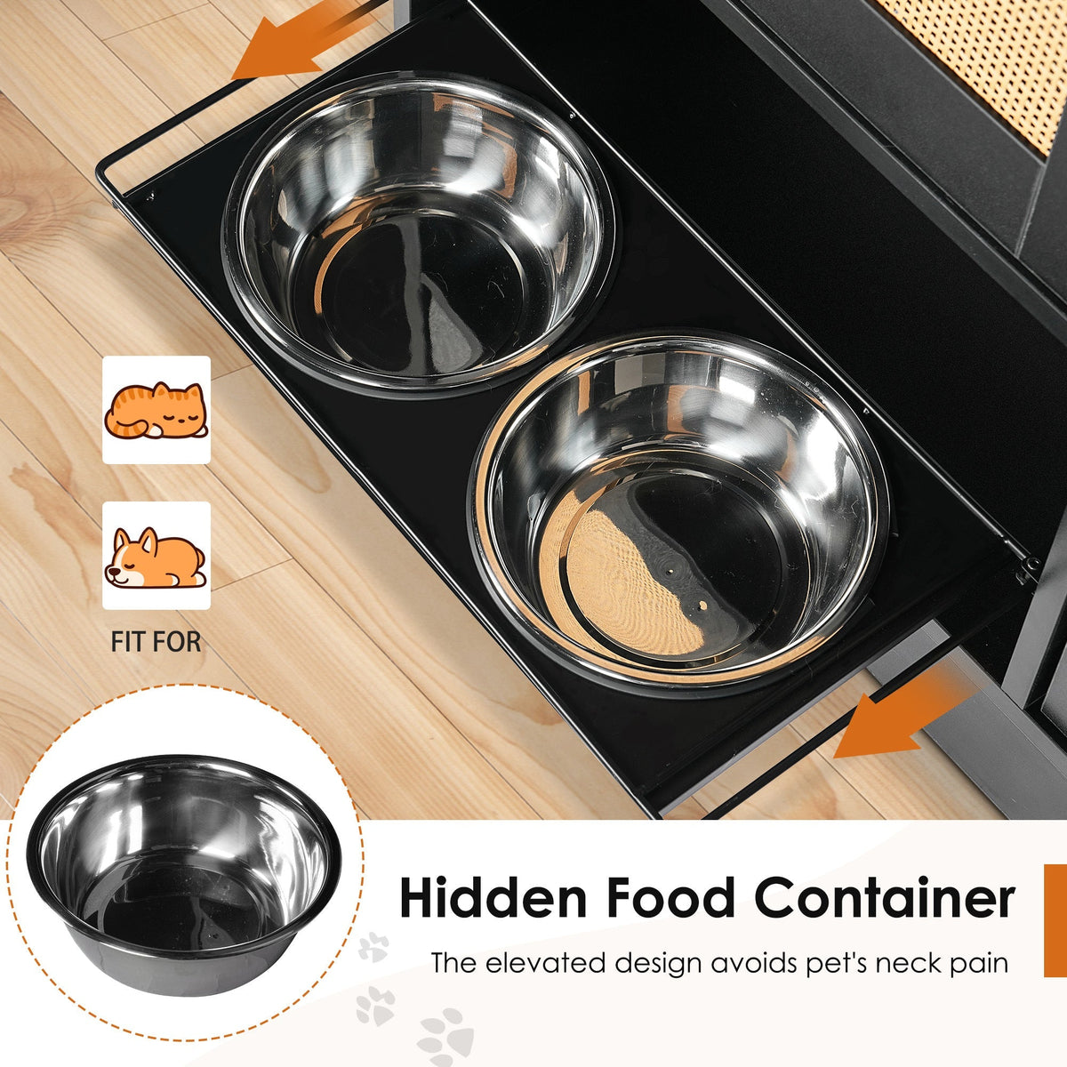 Feeding Station with 2 Lockers and Elevated Bowls - Black