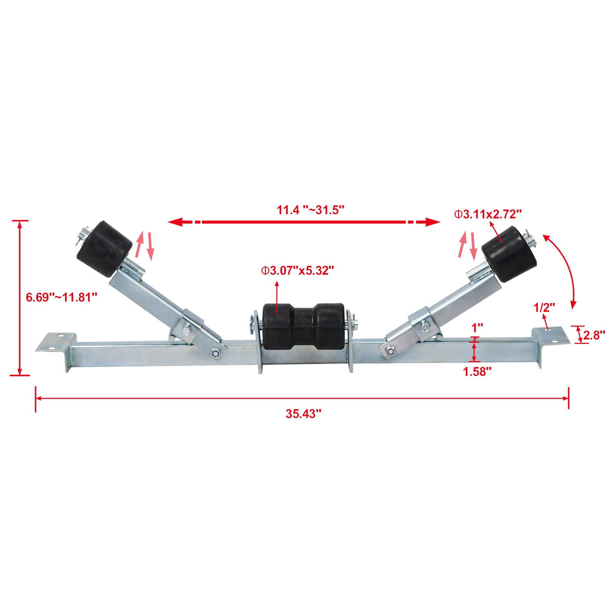 Heavy Duty Boat Trailer Support Bracket with Keel Rollers - Pearl Silver