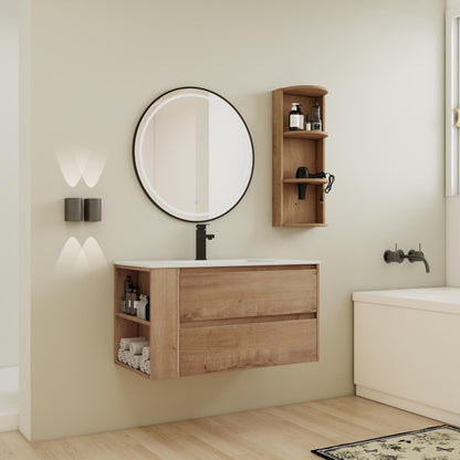 Modern Wall Mounted Bathroom Vanity with Ceramic Sink and Storage - Light Brown