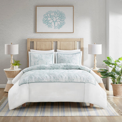 White Cotton Duvet Cover Mini Set with Embroidered Seashells – Full/Queen