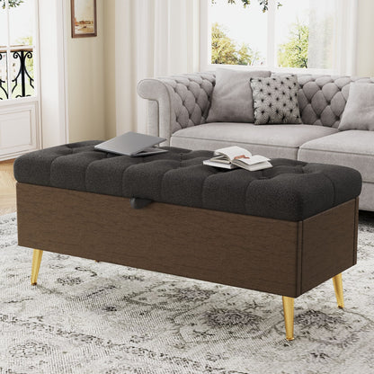 Modern Tufted Storage Ottoman Bench with Metal Legs - Bouclé Fabric