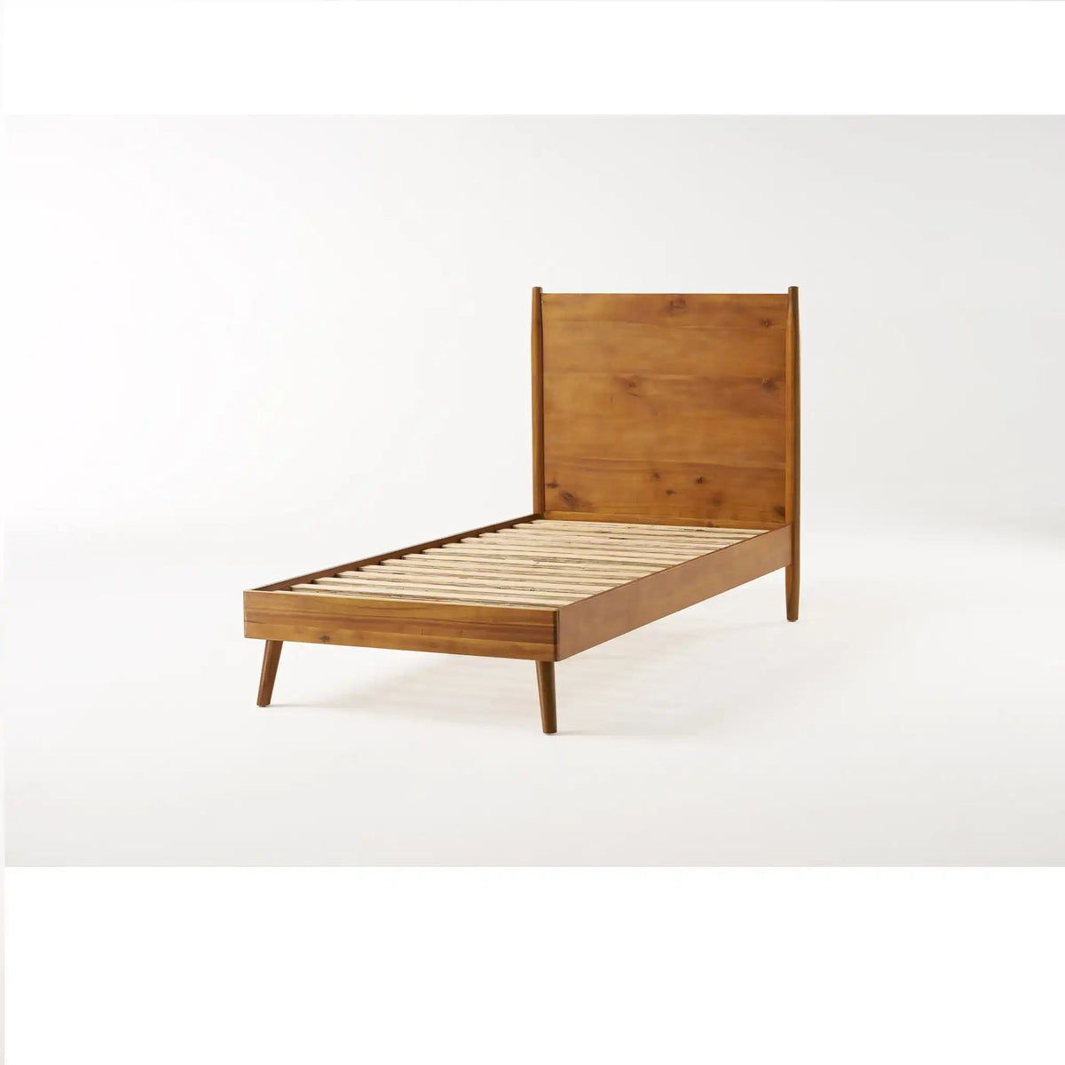 Mid-Century Solid Acacia Platform Bed with Metal Reinforcement - Light Brown