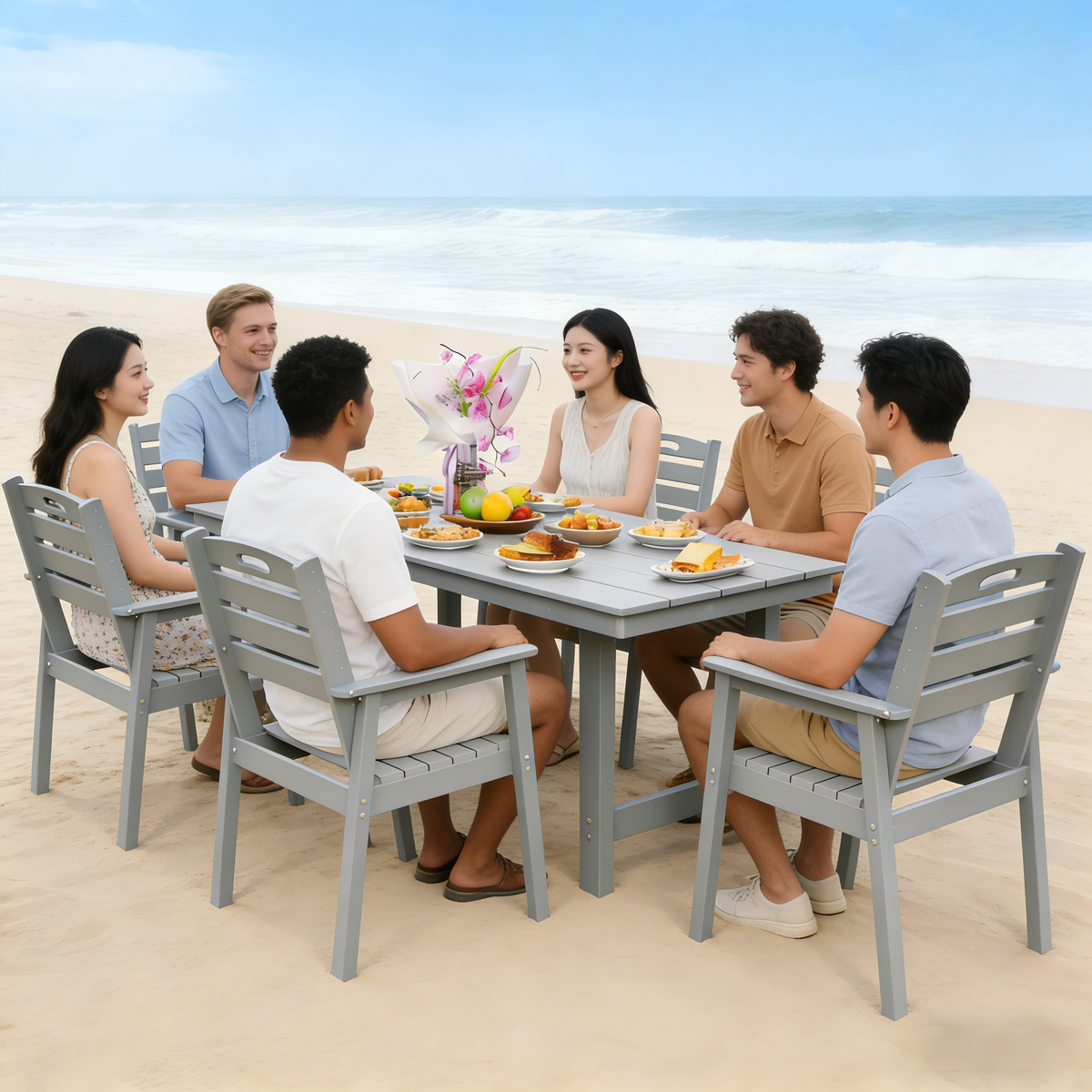 HDPE Outdoor Patio Dining Set with Table and Six Chairs