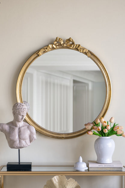 Round Decorative Wood Frame Wall Mirror with Scrollwork Crown - Gold