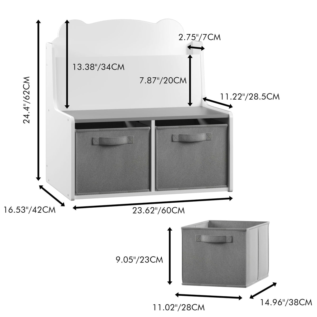 White Bookshelf With Storage Bins and Bear-Shaped Backboard