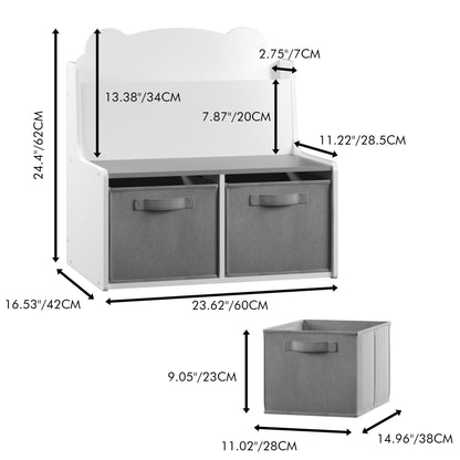 White Bookshelf With Storage Bins and Bear-Shaped Backboard