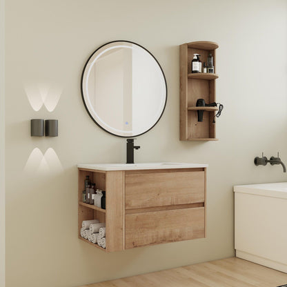 Modern Wall Mounted Bathroom Vanity with Ceramic Sink and Storage - Light Brown