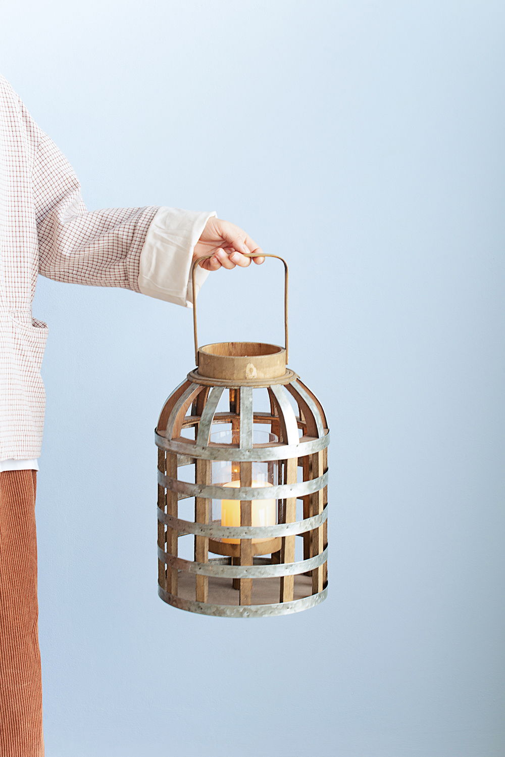 Decorative Wooden Lantern with Handle - Pearl Silver