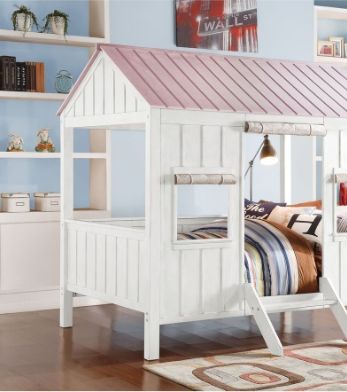 Full Canopy Bed with Wood Frame and Curtains - White / Pink