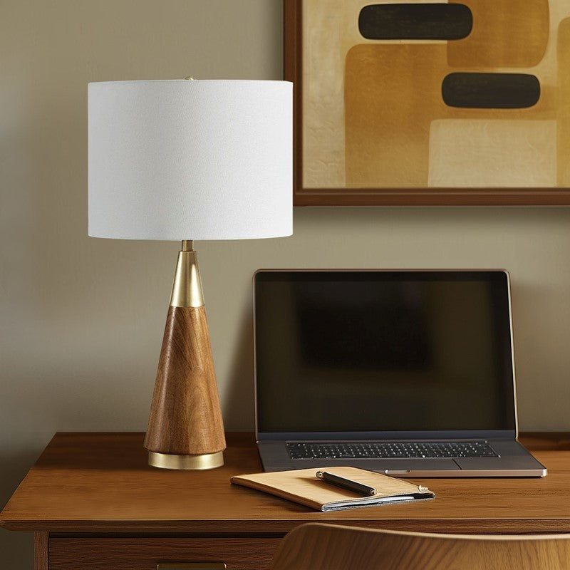 Triangular Table Lamp with Espresso Wood Grain and Linen Shade - Gold & Brown