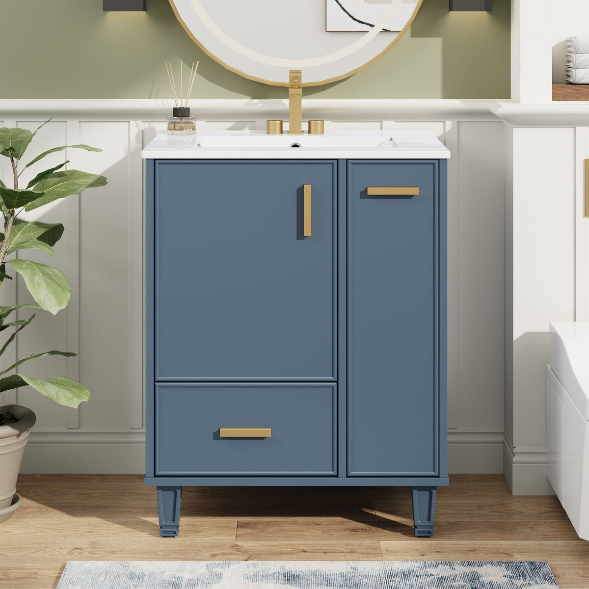 Bathroom Vanity with Ceramic Sink and Deep Storage - Multiple Colors