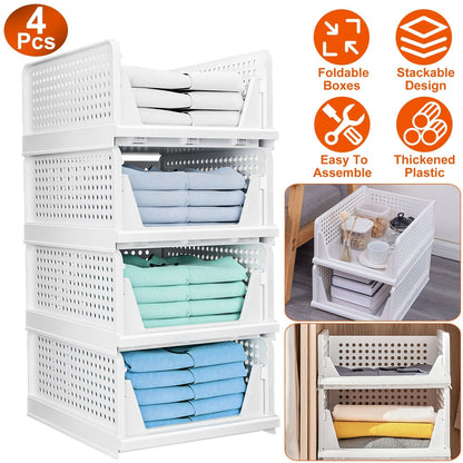 4 Packs Plastic Storage Box Closet Organizer Foldable Storage Bin Stackable Drawer with Slide Rail Push-Pull Storage Basket for Living Room Bedroom Wa