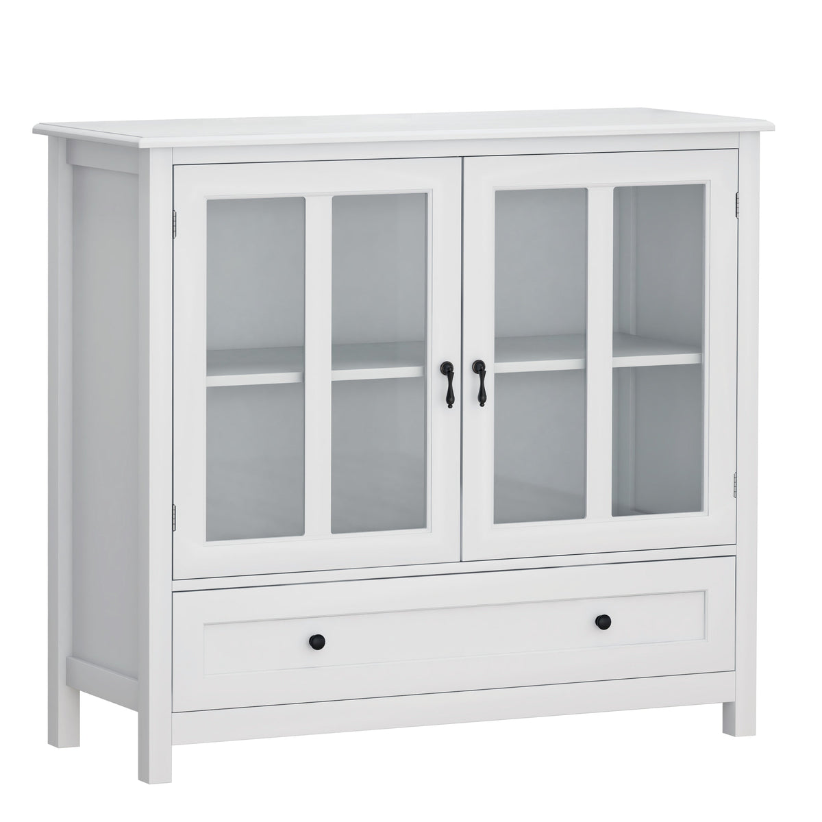 Buffet Storage Cabinet with Double Glass Doors and Bell Handle - White