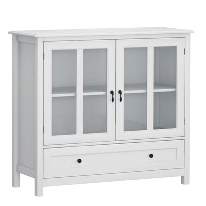 Buffet Storage Cabinet with Double Glass Doors and Bell Handle - White