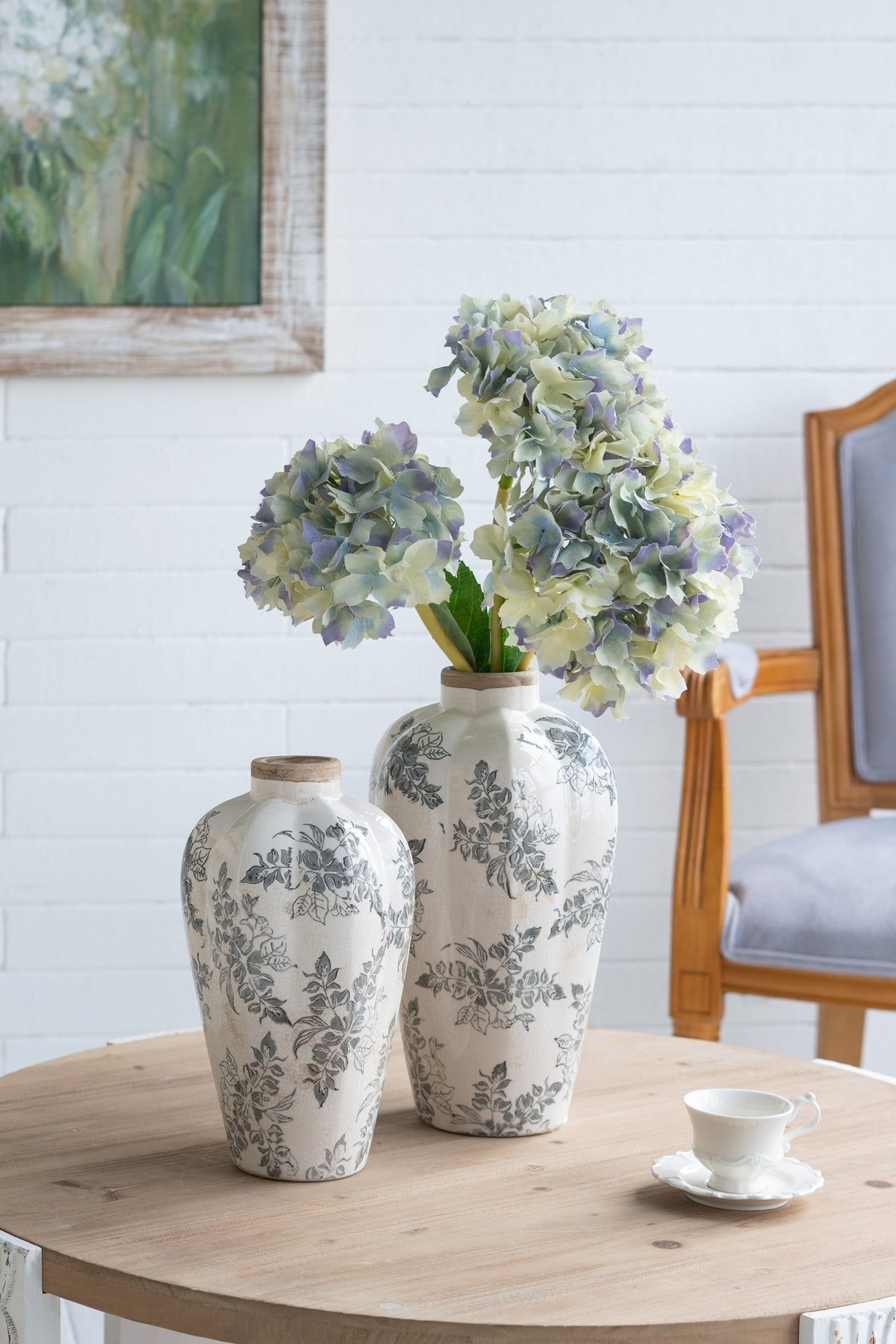White Ceramic Accent Vase with Gray Floral Design - Multicolor