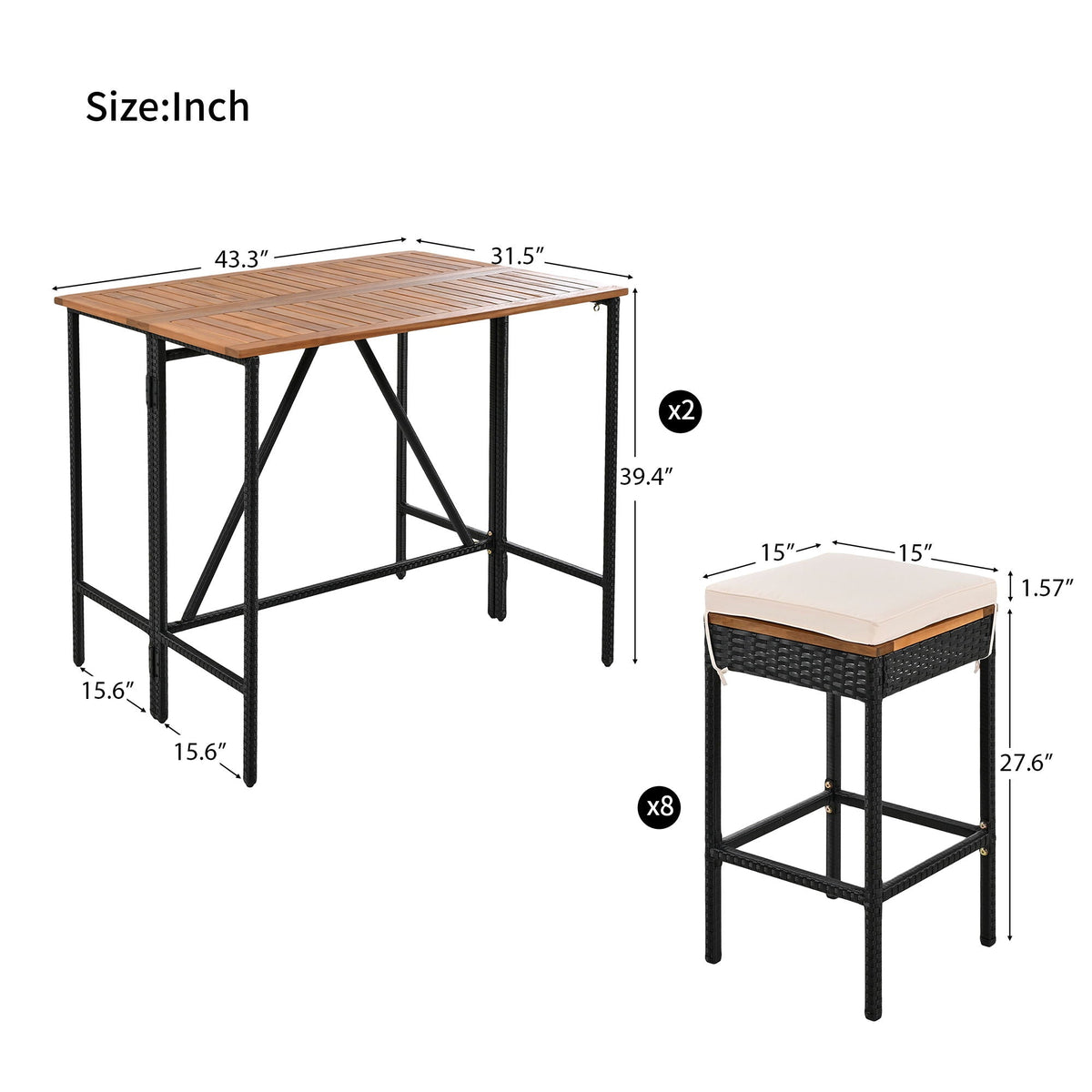 Acacia Wood Outdoor Bar Height Table Set with Cushioned Stools - Light Brown