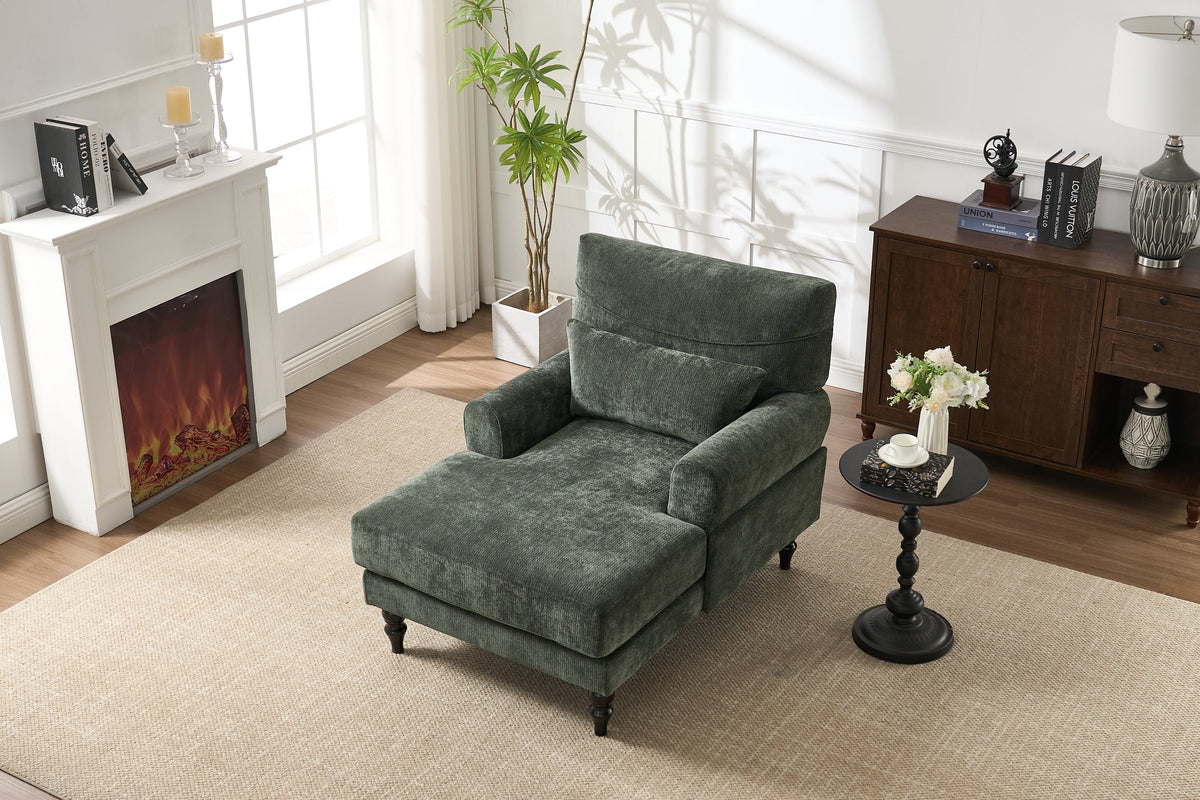 Modern Green Chaise Lounge Upholstered Sofa Recliner Chair with Solid Wood Frame