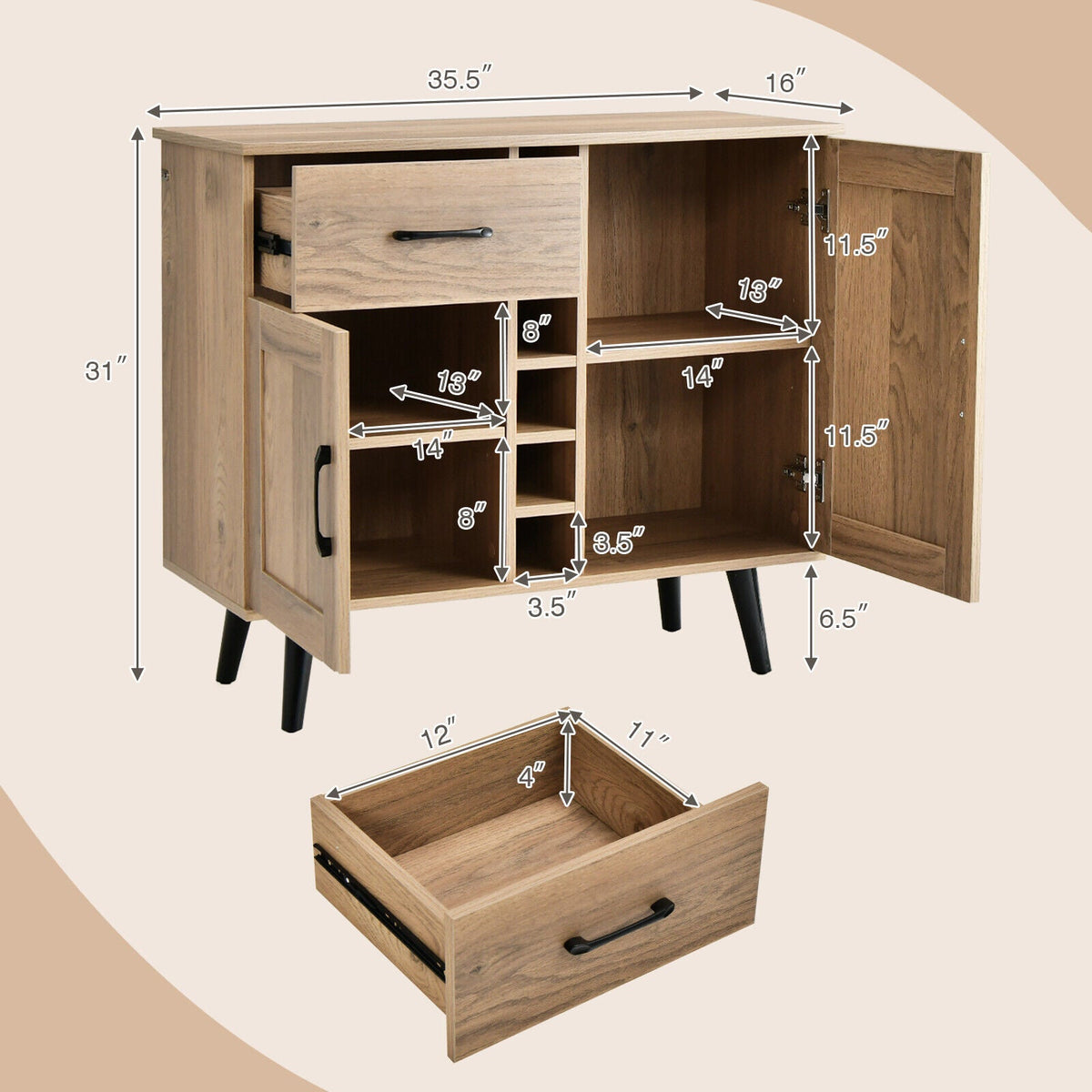 Modern Wine Bar Buffet Cabinet with 6-Bottle Wine Rack