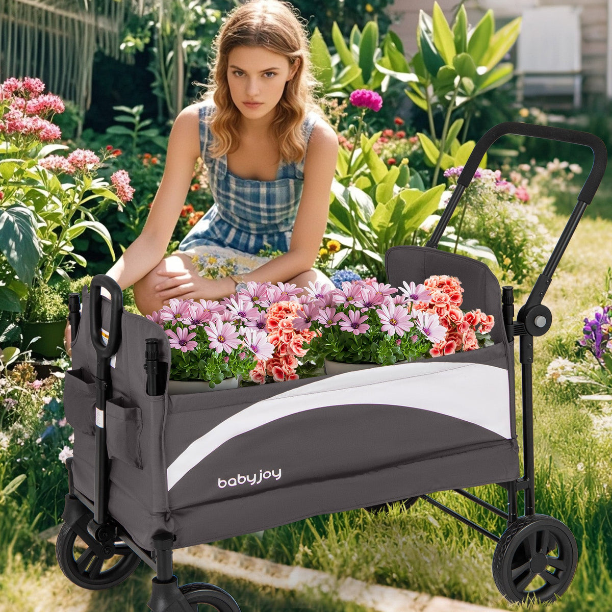 2-Seat Stroller Wagon with Adjustable Canopy and Handles-Gray