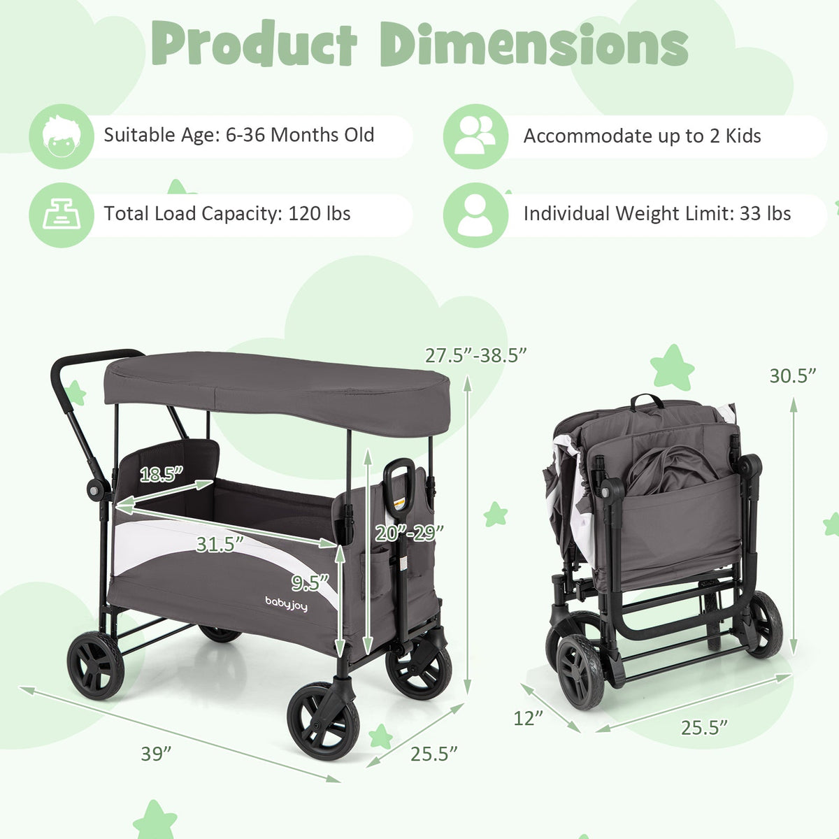 2-Seat Stroller Wagon with Adjustable Canopy and Handles-Gray