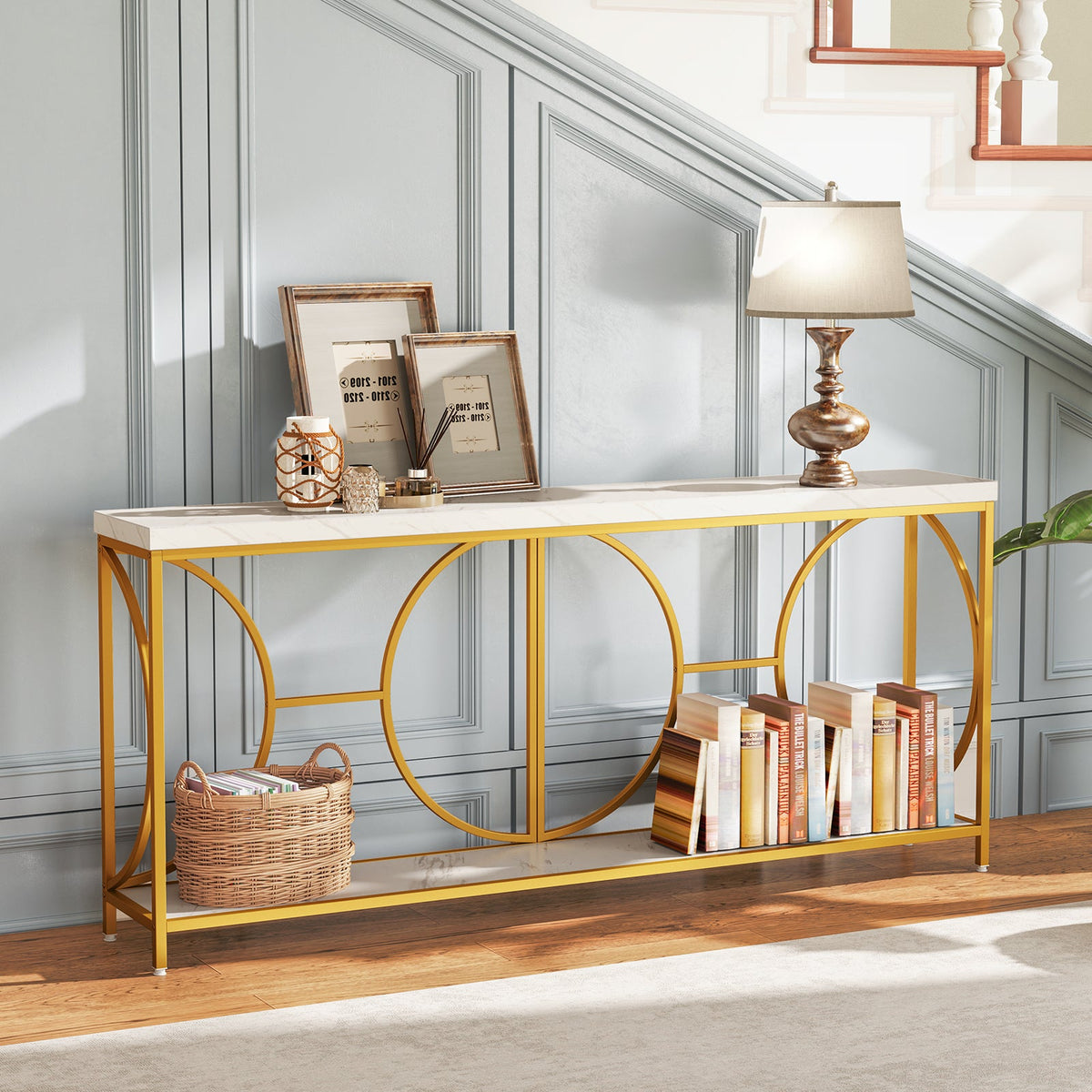 2-Tier Faux Marble Top Console Table with Storage Shelf-White