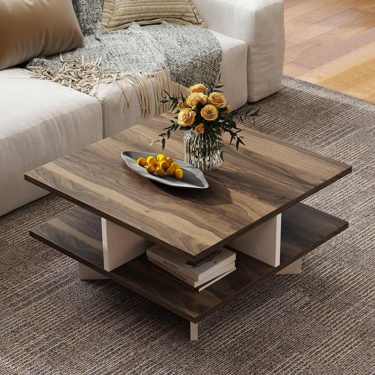 2-Tier Square Coffee Table with 4 Storage Compartments-Walnut