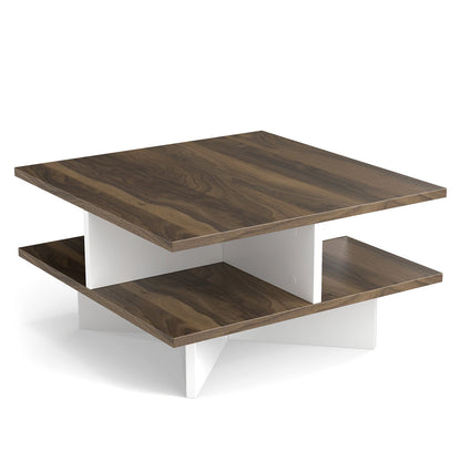 2-Tier Square Coffee Table with 4 Storage Compartments-Walnut