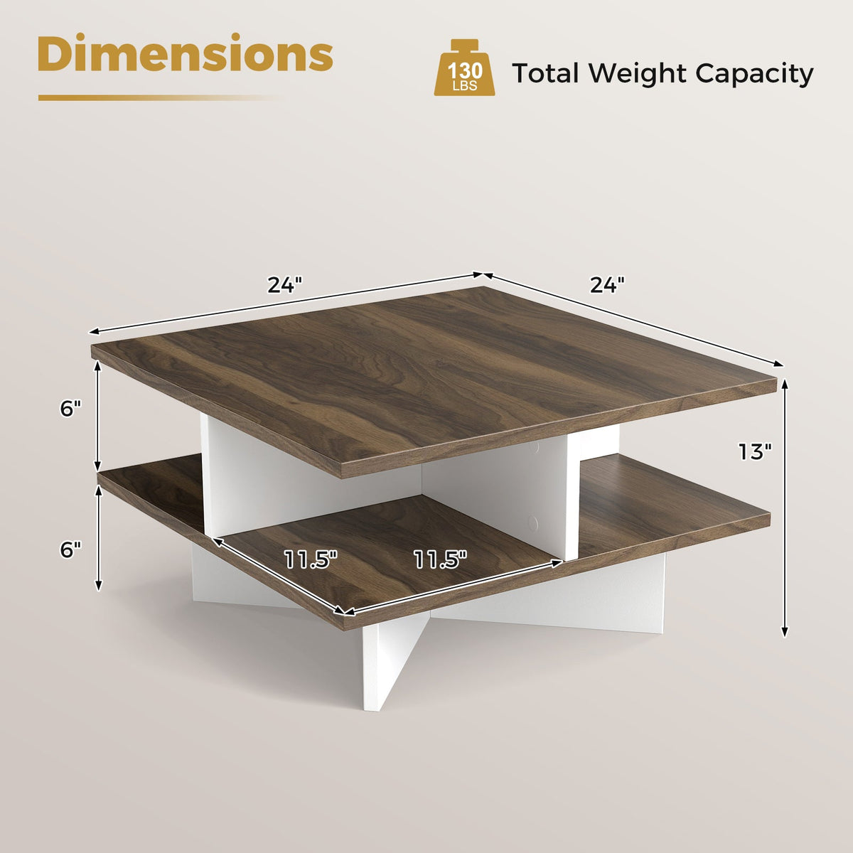 2-Tier Square Coffee Table with 4 Storage Compartments-Walnut