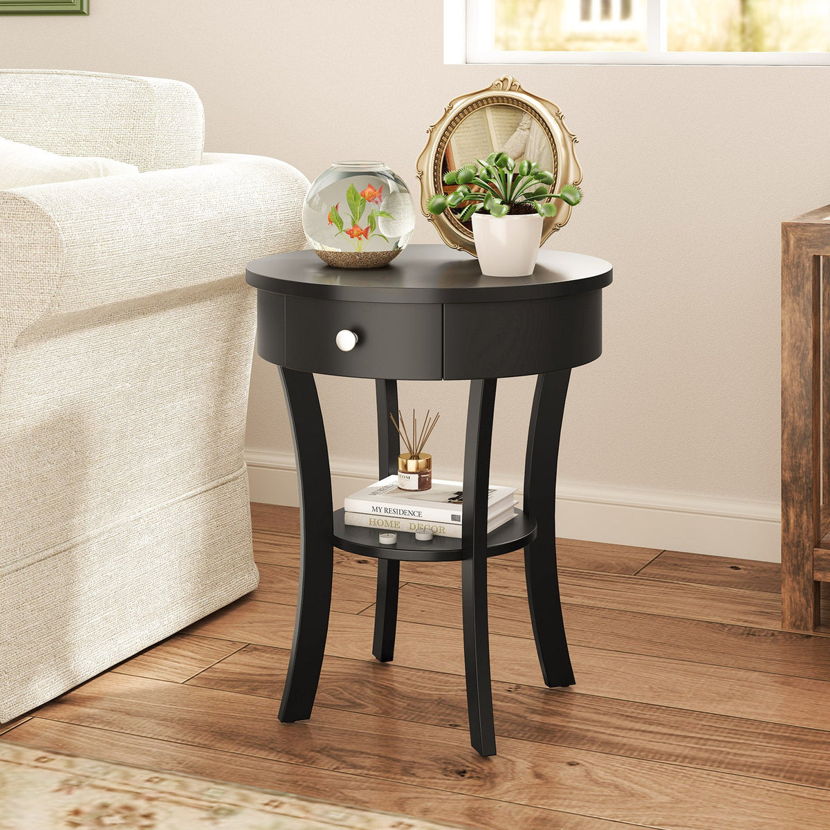 2-Tier Wood Round End Table with Open Drawer-Black