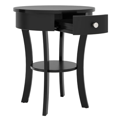 2-Tier Wood Round End Table with Open Drawer-Black