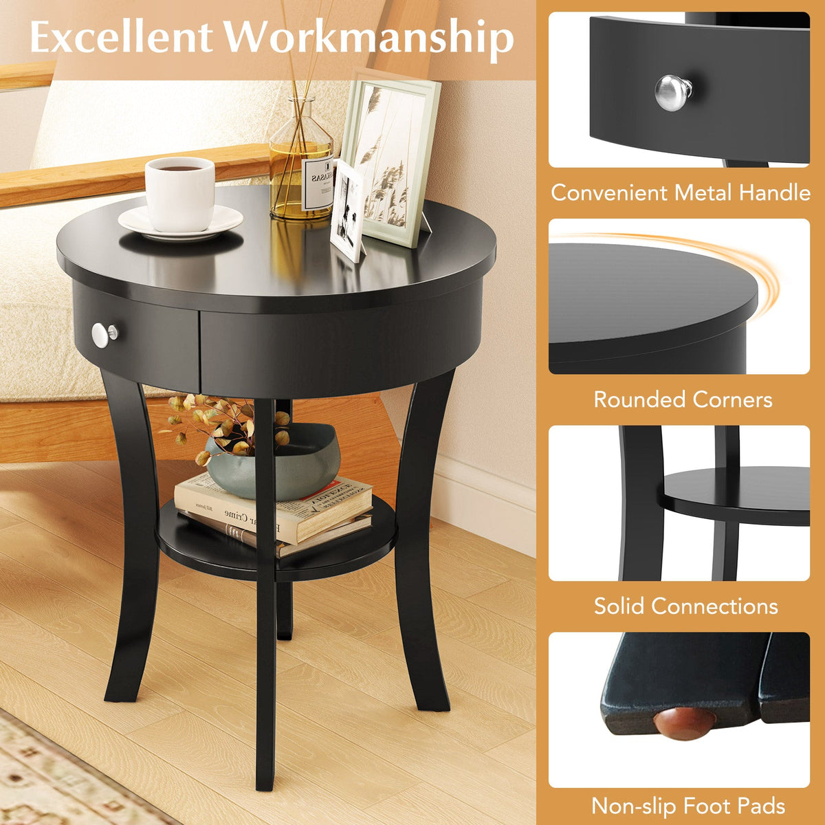 2-Tier Wood Round End Table with Open Drawer-Black