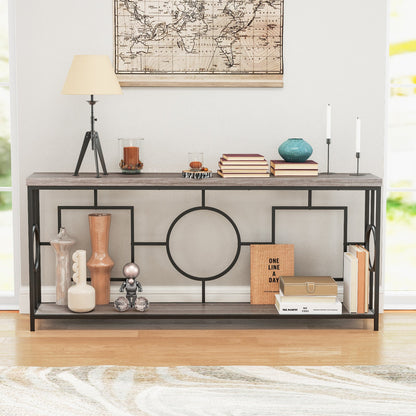 2-Tier Faux Marble Top Console Table with Storage Shelf for Hallway-Rustic Brown