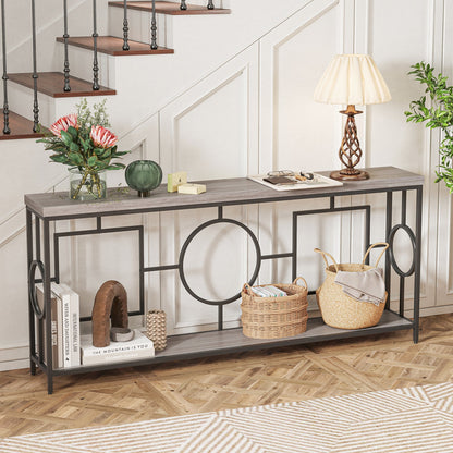 2-Tier Faux Marble Top Console Table with Storage Shelf for Hallway-Rustic Brown