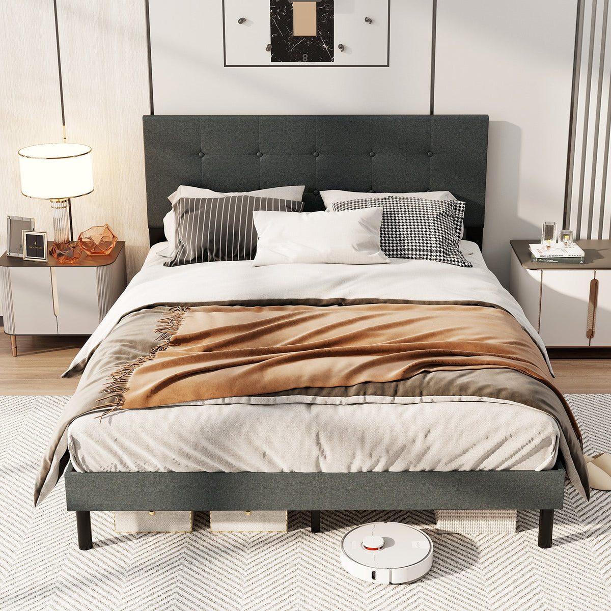 Queen Size Upholstered Bed Frame Linen Platform Bed-Dark Gray
